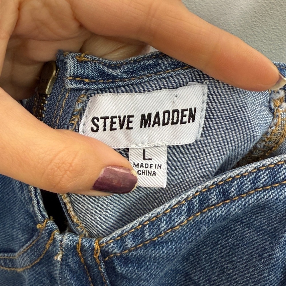 STEVE MADDEN Denim Bustier Mini Dress Jean Strappy Zip Front Bodycon L - Picture 2 of 6